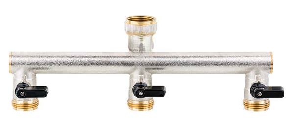 Messing 3 Fach-Verteiler 3/4" und 1", 3 x 3/4" AG und 3 x 1" AG mit Absperrung/Kugelhahn x 3/4"IG und 1" Überwurf, 3 Wege Verteiler mit Absperrhähnen +PE Rohr Kupplung 25/32mm